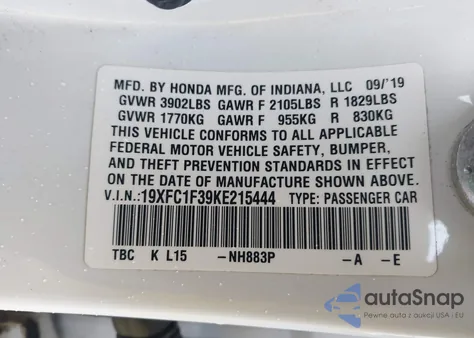 2019 Honda Civic Ex from USA, damaged, VIN 19XFC1F39KE215444